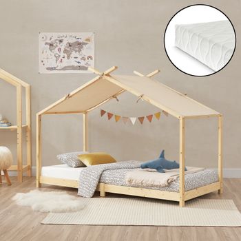 Cama Para Niños Brome En Forma De Casa Con Colchón Y Techo Desmontable Madera Pino 90 X 200 Cm - Natural Y Beige [en.casa]