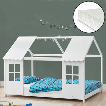 Cama Para Niños Tostedt En Forma De Casa Con Ventanas Y Colchón 120 X 200 Cm Pino - Blanco [en.casa]