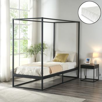 Cama Con Baldaquín Kristianstad Para Dosel + Colchón Metal 90x200cm - Negro [en.casa]