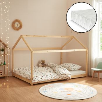 Cama Para Niños Cerro En Forma De Casa Con Colchón Pino 120x200cm - Natural [en.casa]