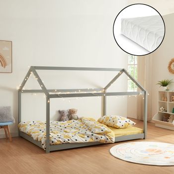 Cama Para Niños Cerro En Forma De Casa Con Colchón Pino 120x200cm - Gris [en.casa]