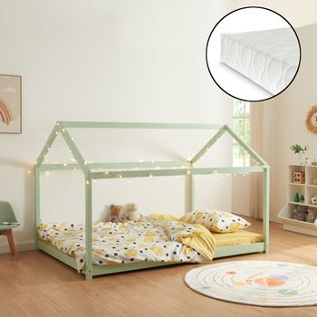 Cama Para Niños Cerro En Forma De Casa Con Colchón Pino 120x200cm - Verde [en.casa]