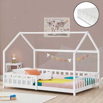 Cama Infantil Hesel En Forma De Casa Con Reja Y Colchón 90x200cm - Blanco [en.casa]