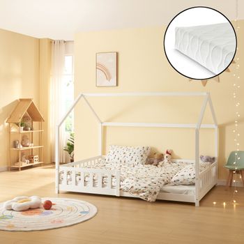 Cama Infantil Hesel En Forma De Casa Con Reja Y Colchón 120x200cm - Blanco [en.casa]