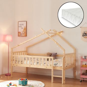 Cama Alta Cabaña Para Niños Sotkamo Pino Colchón 90x200 - Natural [en.casa]