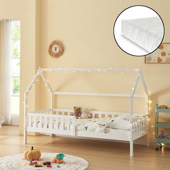 Cama Infantil Cabaña Ydre Con Colchón Regulable En Altura Pino 90x200cm - Blanco [en.casa]