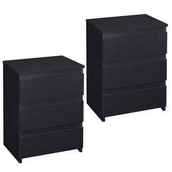 2pcs Mesitas De Noche Moderno Con 3 Cajones Negro 45x35x60,5cm