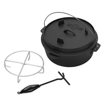 Dutch Oven Set Bbq 7.3l Hierro Negro Con Elevador Y Trébede Bbq#boss