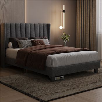 Cama Tapizad De Metal Cabecero Cama Matrimonial 140x200cm Gris