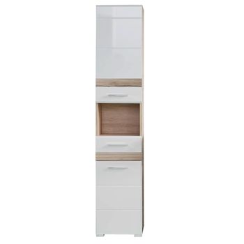 Columna De Baño 2 Puertas 1 Cajón Blanco Brillo Y Roble Claro Varok 37 Cm