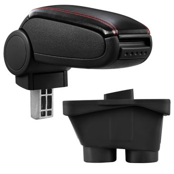 [pro.tec]® Reposabrazos Central Para Peugeot 208 (a Partir De 2012, 3 Y 5 Puertas) - Apoyabrazos Con Compartimento - Tapizado - Polipiel - Negro Con Costuras De Color Rojo