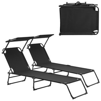 [casa.pro] Set De 2 Tumbonas Plegables 190cm Negras Con Parasol Hamaca De Acero