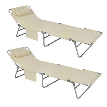 Set De 2 Tumbonas Inclinable De Acero Plegable Con Almohada Beige