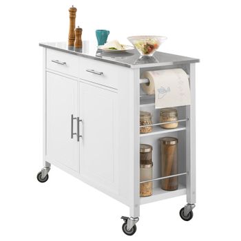 Sobuy Fkw108-w Carrito De Cocina Con Piso De Acero Inoxidable Mueble De Almacenaje Con Ruedas Buffet Multifuncional Con Estante Lateral, Puertas Y Cajones 107x46x94 Cm Es