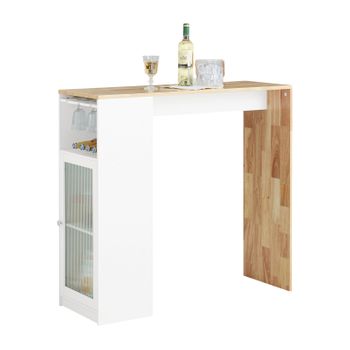 Mesa Alta Cocina Barra Integrada Para Bebidas Con 1 Puerta De Vidrio 3 Estantes Y Soporte De Copas De Vino 108 X 40 X 105 Cm Blanco Y Madera Fwt99-wn Sobuy Es