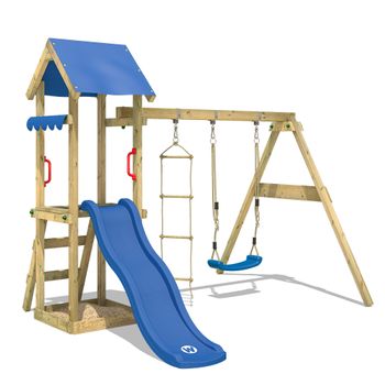 Wickey Parque Infantil de Madera MultiFlyer con Columpio y tobogán Azul,  Torre de Escalada de Exterior con Techo, arenero y Escalera para niños :  : Juguetes y juegos