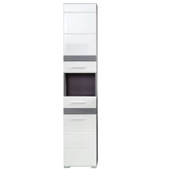 Columna De Baño 2 Puertas 1 Cajón Blanco Brillo Y Roble Gris Varok 37 Cm