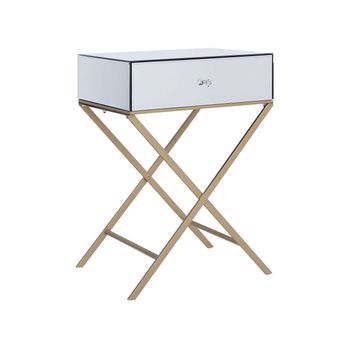 Mesa Auxiliar Con Tablero Espejado Plateado Patas De Metal Dorado 50 X 40 Cm Estilo Glamour Moderno Con 1 Cajón Vivy - Plateado