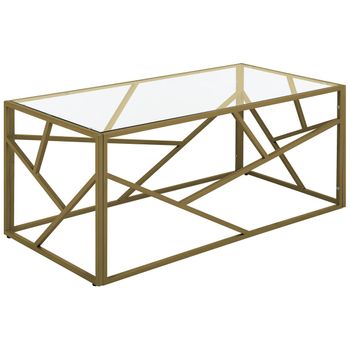 Mesa De Centro Con Marco De Metal Dorado Y Tapa De Cristal Con Diseño Geométrico Orland - Dorado