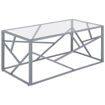 Mesa De Centro Con Marco De Metal Plateado Y Tapa De Cristal Con Diseño Geométrico Orland - Plateado