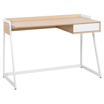 Escritorio Madera Clara Y Tablero Mdf Blanco 120 X 60 Cm Estructura De Metal Un Cajón Quito - Madera Clara