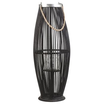 Linterna De Bambú Madera Negra Y Vidrio 72 Cm Interior Exterior Tejido Candelero Escandinavo Boho Tahiti - Negro