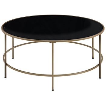 Mesa De Centro Con Tablero De Cristal Negro Marco De Metal Dorado Redondo 88 Cm Diseño Glamour Moderno Florence - Negro