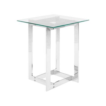 Mesa De Centro Tablero Cuadrado De Vidrio Transparente Con Base De Metal Plateado Estilo Moderno Crystal - Plateado