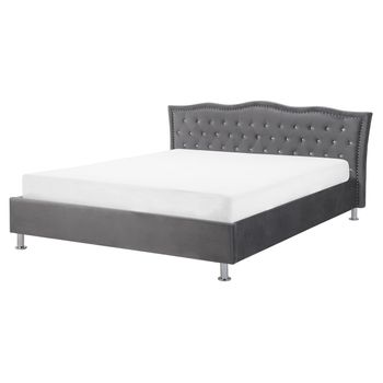 Cama Con Somier De Terciopelo Gris Oscuro 160 X 200 Cm Cabecero Botones Metz - Gris