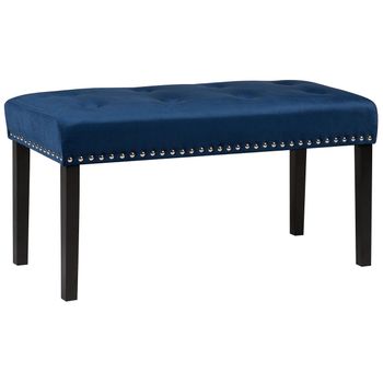 Banco Tapizado En Terciopelo Azul Con Patas Negras 51 X 102 X 43 Cm Adorno De Cabeza De Clavo Glam Yorkton - Azul