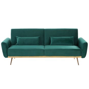 Sofá Cama Tapizado En Terciopelo Verde 3 Plazas Patas De Metal Cojines Adicionales Retro Eina - Verde