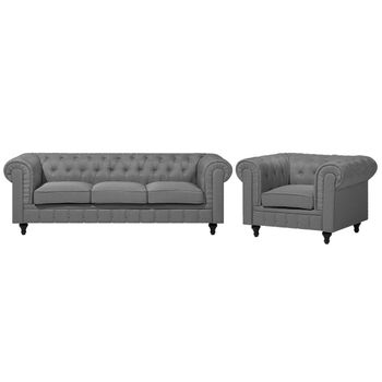 Conjunto De Sofás Chesterfield Tapizado En Tela Gris Patas De Madera Oscura Sofá 3 Plazas + Sillón Estilo Clásico Chesterfield - Gris