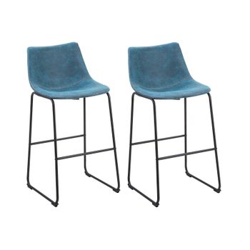 Conjunto De 2 Taburetes De Bar Tapizados En Tela Azul Patas De Metal Negro Reposapiés Industrial Franks - Azul