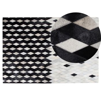 Alfombra De Piel Blanca Y Gris 140 X 200 Cm Moderna Patchwork Hecha A Mano Maldan - Negro