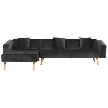 Sofá Cama Esquinero Con 3 Almohadas Tapizado En Terciopelo Negro Patas De Madera Clara Reclinable 4 Plazas Versión Derecha Vadso - Negro