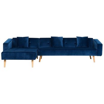 Sofá Cama Esquinero Con 3 Almohadas Tapizado En Terciopelo Azul Patas De Madera Clara Reclinable 4 Plazas Versión Derecha Vadso - Azul