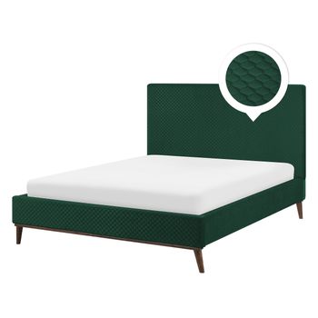 Cama Con Somier De Terciopelo Verde Oscuro Madera Oscura 140 X 200 Cm Acolchado Bayonne - Verde