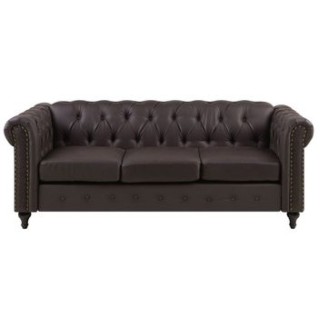 Sofá Chesterfield Tapizado En Piel Sintética Marrón Patas De Madera Oscura 3 Plazas Estilo Clásico Chesterfield - Marrón