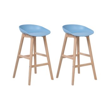 Juego De 2 Taburetes De Bar De Madera Clara Y Asiento De Plástico Azul Claro 85 Cm Silla De Mostrador Micco - Azul