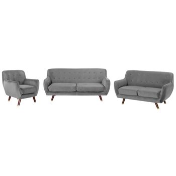 Juego De Sala De Estar Sillón Sofá 3 Plazas Y 2 Plazas De Terciopelo Gris Respaldo Capitoné Abotonado Bodo - Gris