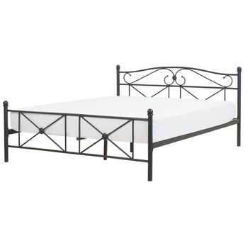 Cama Doble De Metal Negra 160 X 200 Cm Con Somier Y Respaldo Estilo Retro Rodez - Negro