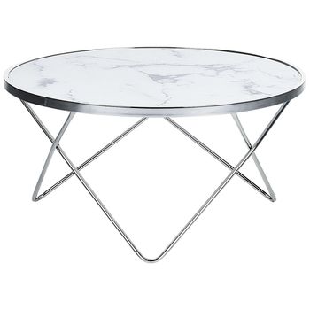 Mesa De Centro Tablero De Cristal Templado Con Efecto Mármol Blanco Patas De Horquilla De Metal Plateado Forma Redonda Meridian Ii - Blanco