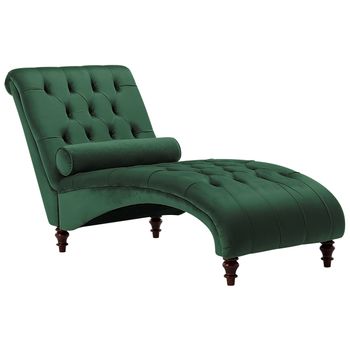 Chaise Longue Chesterfield Tapizado En Tela Verde Oscuro Abotonada Moderna Sala De Estar Patas De Madera Muret - Verde