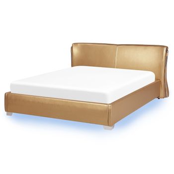 Cama Tapizada En Piel Dorada Con Somier Y Luces Led 160 X 200 Cm Diseño Moderno Paris - Dorado