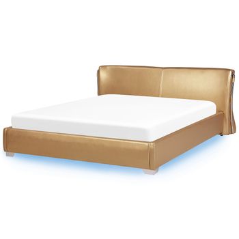 Cama Tapizada En Piel Dorada Con Somier Y Luces Led 180 X 200 Cm Diseño Moderno Paris - Dorado