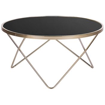 Mesa De Centro Tablero De Cristal Templado Negro Patas De Horquilla De Metal Dorado Forma Redonda Meridian Ii - Negro