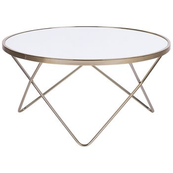 Mesa De Centro Tablero De Cristal Templado Blanco Patas De Horquilla De Metal Dorado Forma Redonda Meridian Ii - Blanco