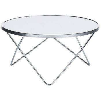 Mesa De Centro Tablero De Cristal Templado Blanco Patas De Horquilla De Metal Plateado Forma Redonda Meridian Ii - Blanco