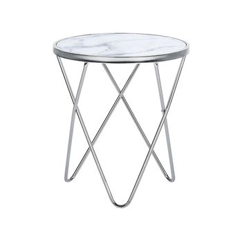 Mesa Auxiliar Tablero De Cristal Templado Con Efecto Mármol Blanco Patas De Horquilla De Metal Plateado Forma Redonda Meridian Ii - Blanco