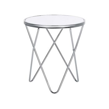 Mesa Auxiliar Tablero De Cristal Templado Blanco Patas De Horquilla De Metal Plateado Forma Redonda Meridian Ii - Blanco